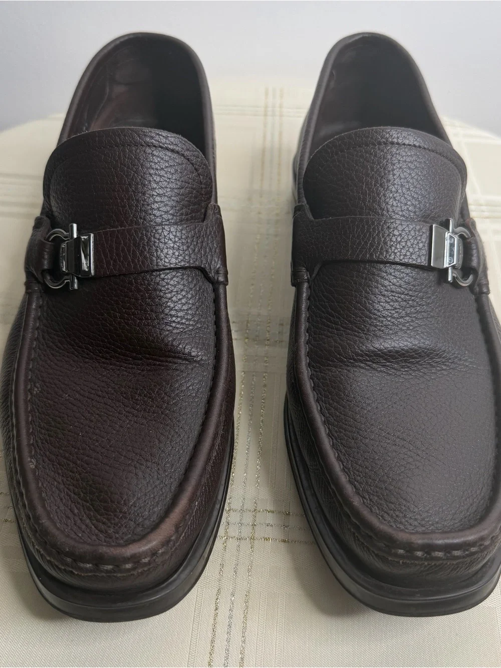 Salvatore Ferragamo Dark Brown Pebbled Leather Bit Loafers